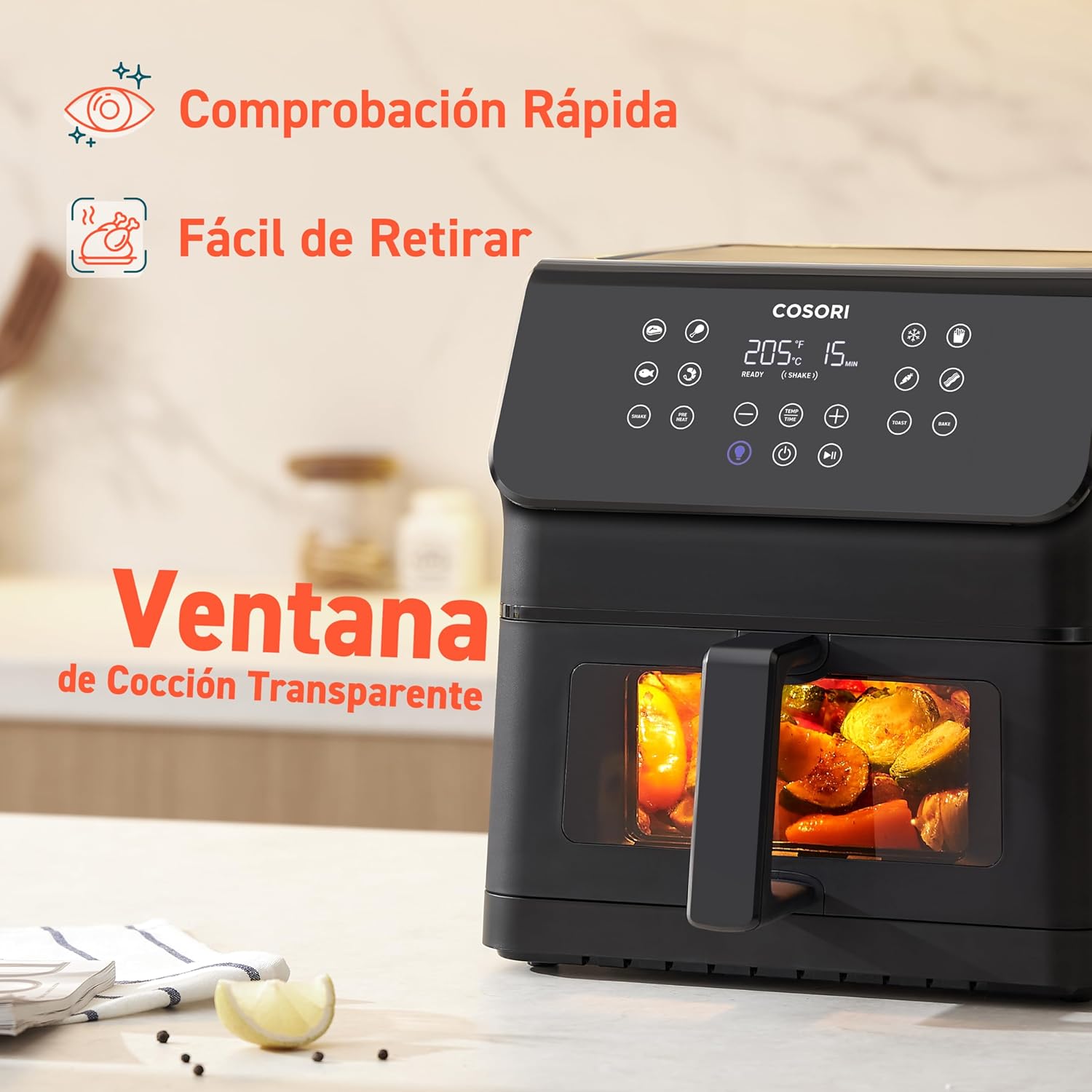 Cosori Freidora de Aire Práctica 6,2L con Ventana Air Fryer 1700W, Tecnología Rapid Air, 55% Menos Energía, 13 Automáticos Modos,Uso Fácil