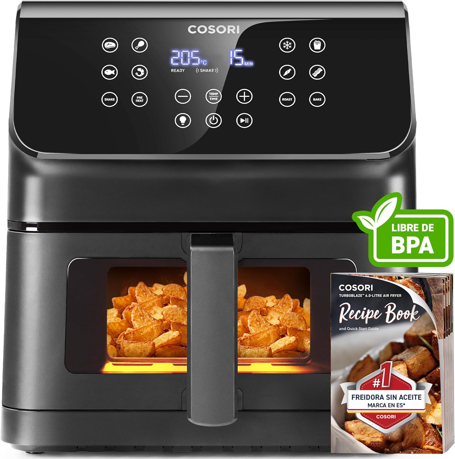 Cosori Freidora de Aire Práctica 6,2L con Ventana Air Fryer 1700W, Tecnología Rapid Air, 55% Menos Energía, 13 Automáticos Modos,Uso Fácil